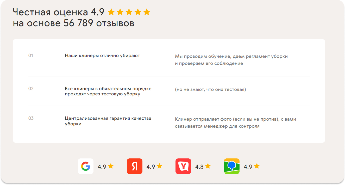 Блок с аргументами доверия и рейтингами Cleanbros: 4.9 на 56 789 отзывов