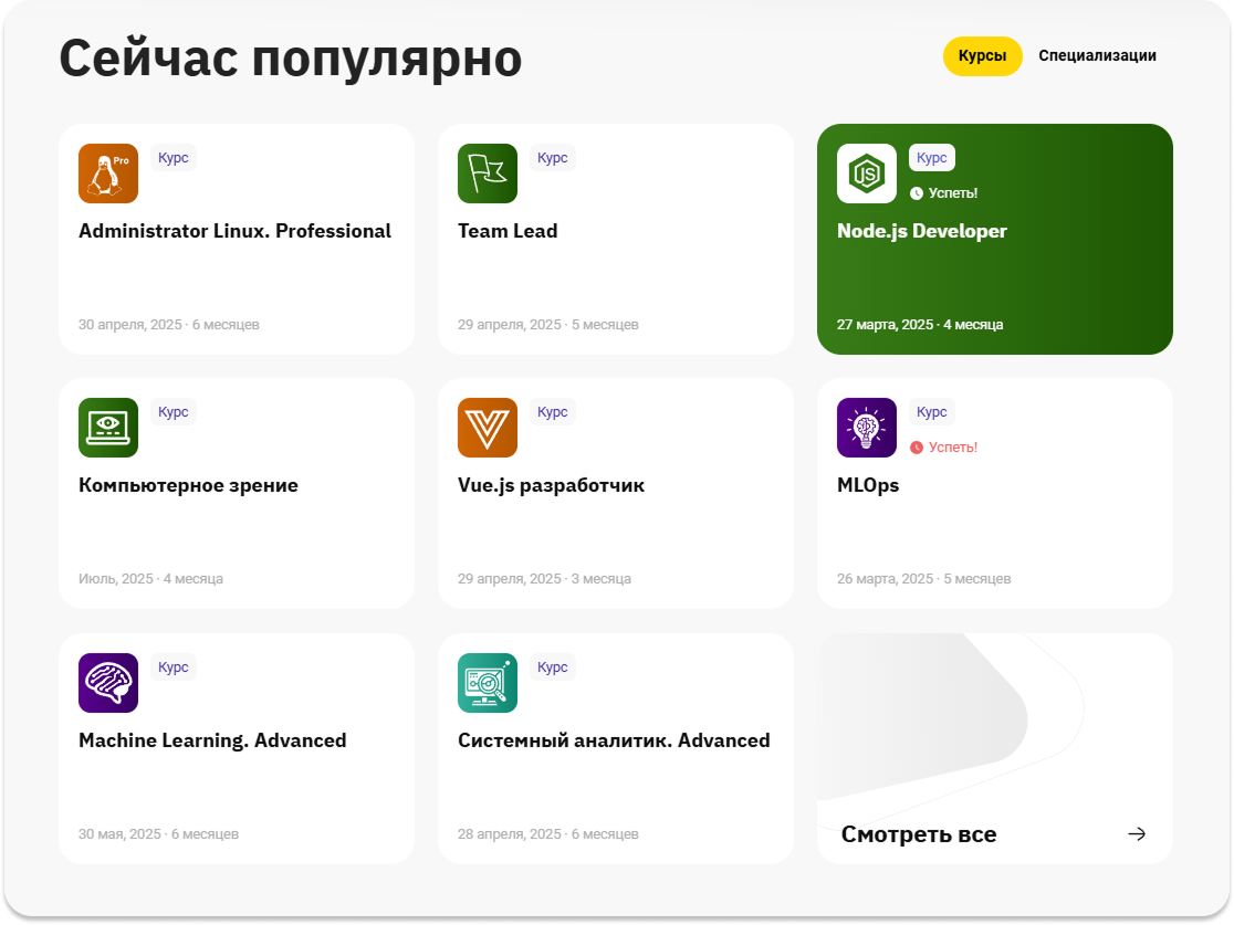 Блок «Сейчас популярно» на сайте OTUS с карточками приоритетных курсов