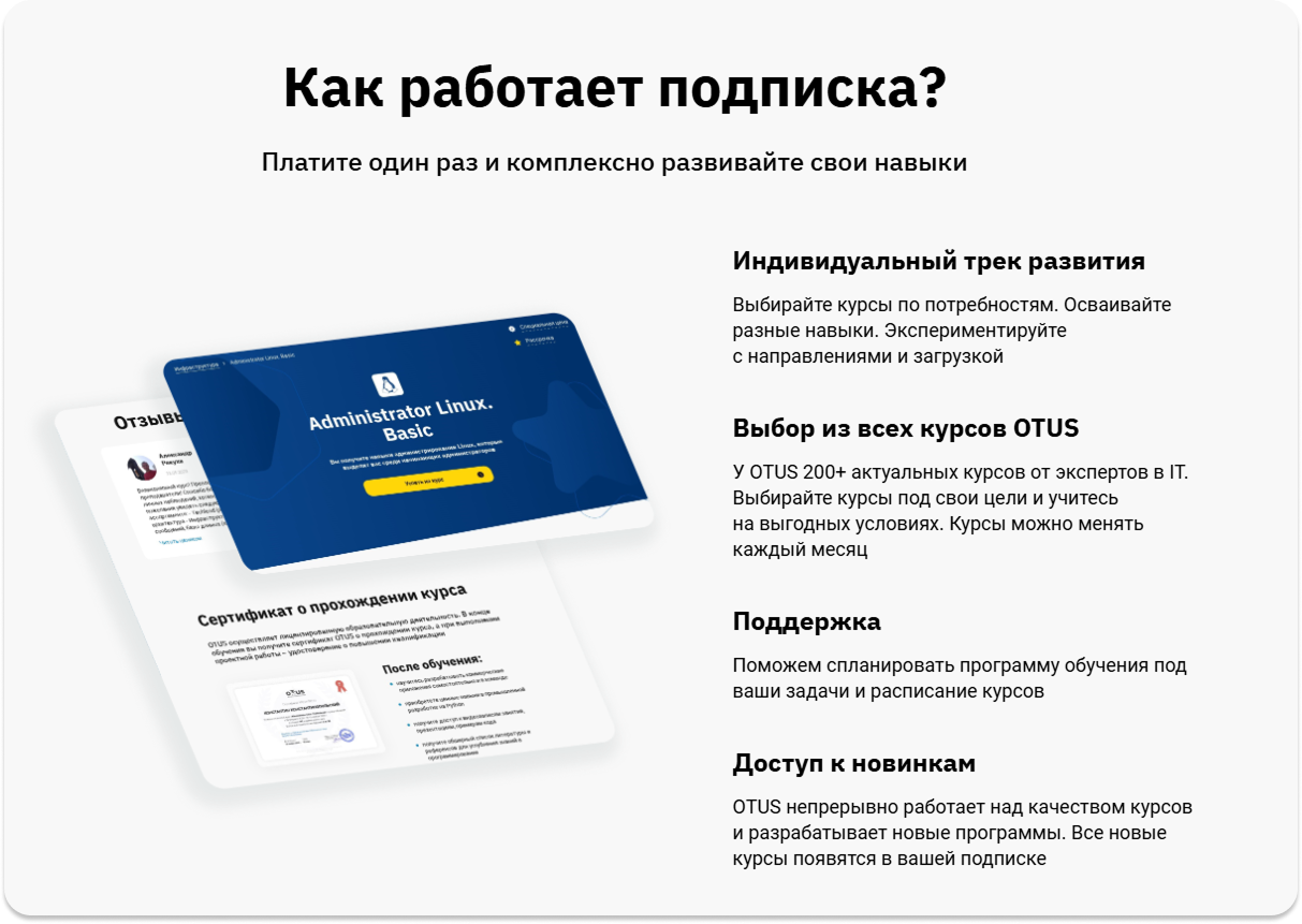 Блок «Как работает подписка» OTUS с преимуществами и описанием