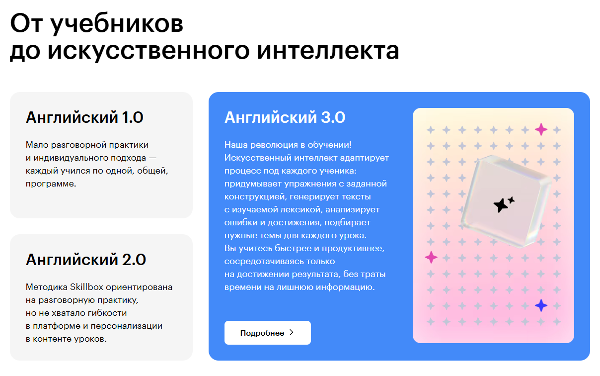 Блок «От учебников до искусственного интеллекта» на сайте Skillbox Английский