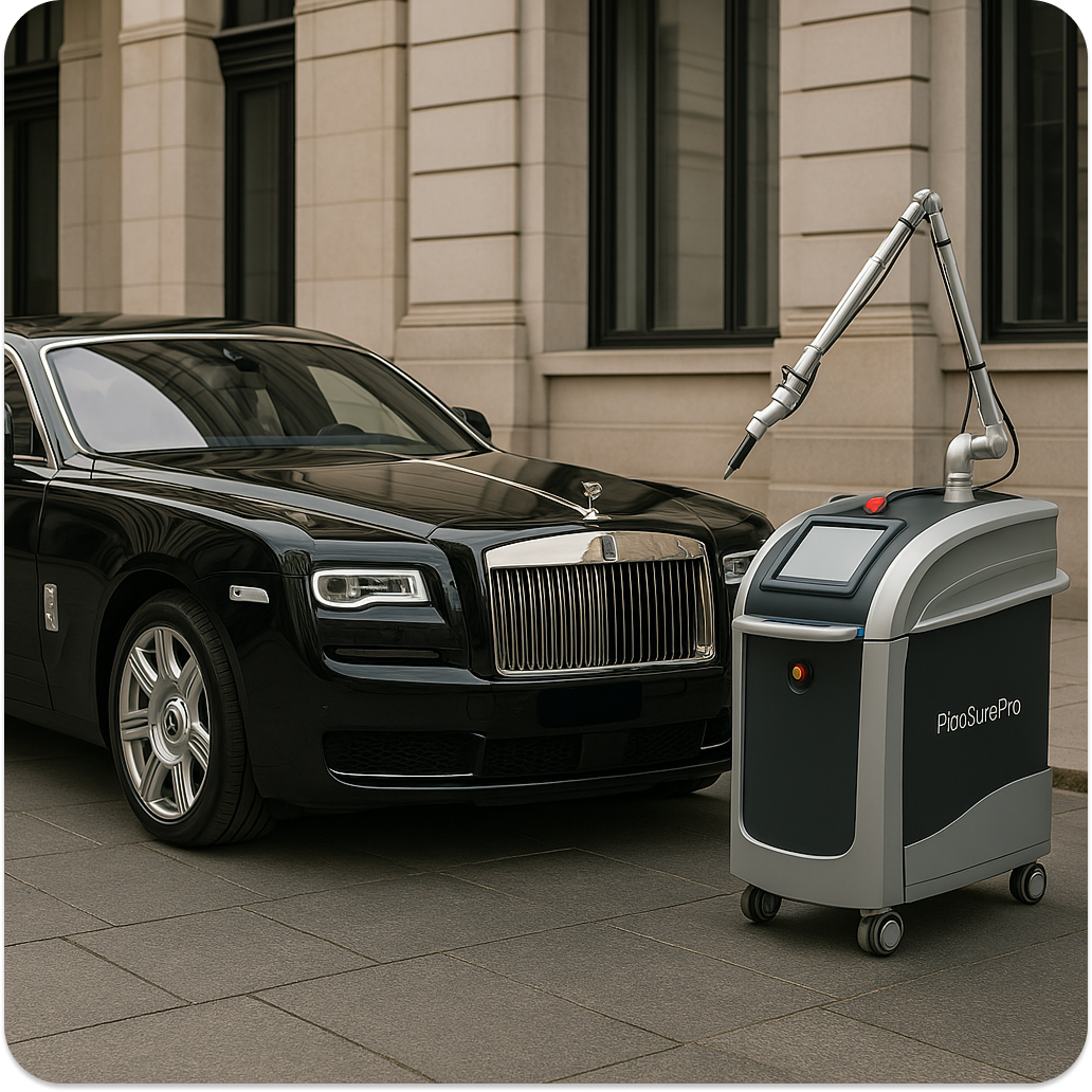 Позиционирование PicoSure Pro через образ премиум-автомобиля: лазер ET.LASER рядом с Rolls-Royce как символ техники высшего класса