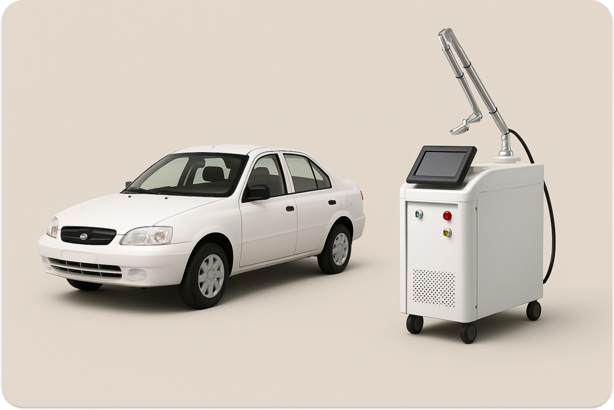 Контраст в статье ET.LASER: дешёвый лазер рядом с базовой моделью автомобиля как противопоставление премиальному PicoSure Pro