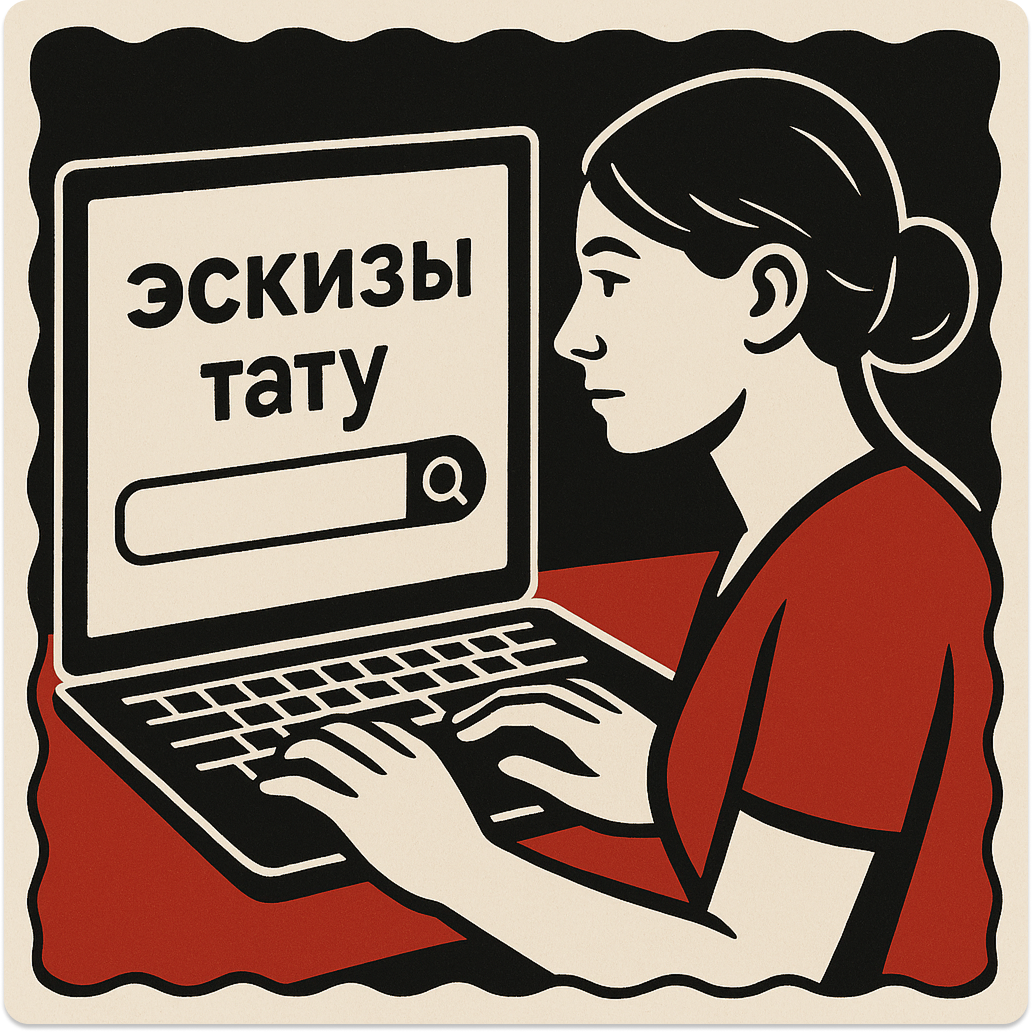 Иллюстрация ET.LASER: пользователь ищет «эскизы тату» в ноутбуке — первый шаг воронки на пути к удалению