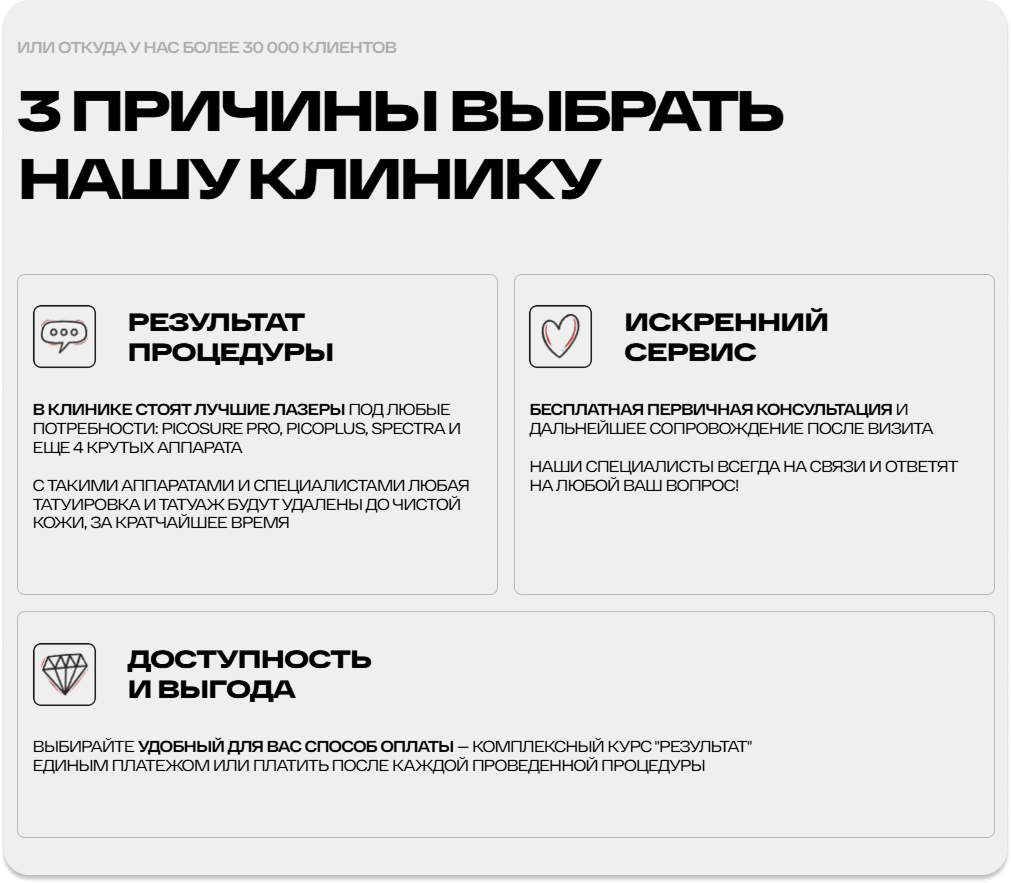 Блок 3 редизайна ET.LASER «3 причины выбрать нас»: формат триггер плюс расшифровка с ключами и выгодами