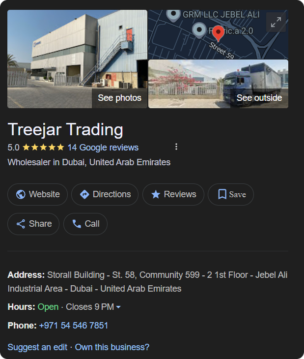 Карточка Treejar Trading в Google Maps с рейтингом 5.0, 14 отзывами и контактами — оптовый поставщик мебели в Дубае