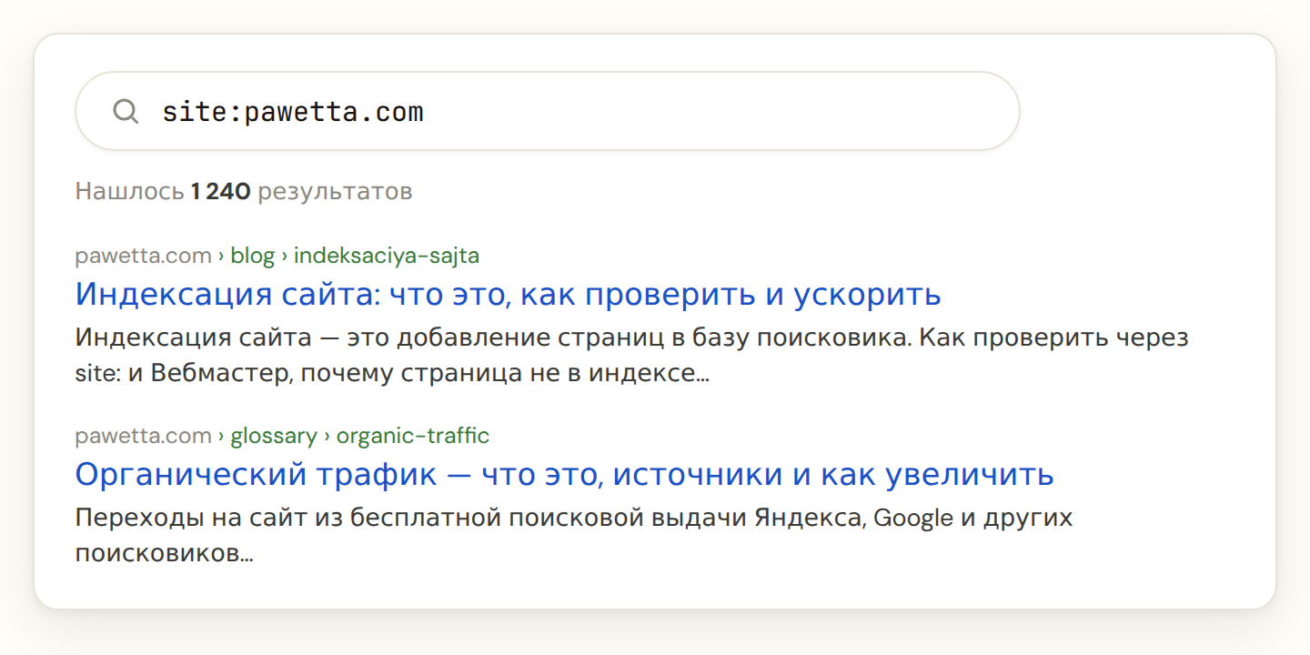 Выдача по запросу site:pawetta.com: строка «Нашлось 1 240 результатов» и сниппеты страниц сайта