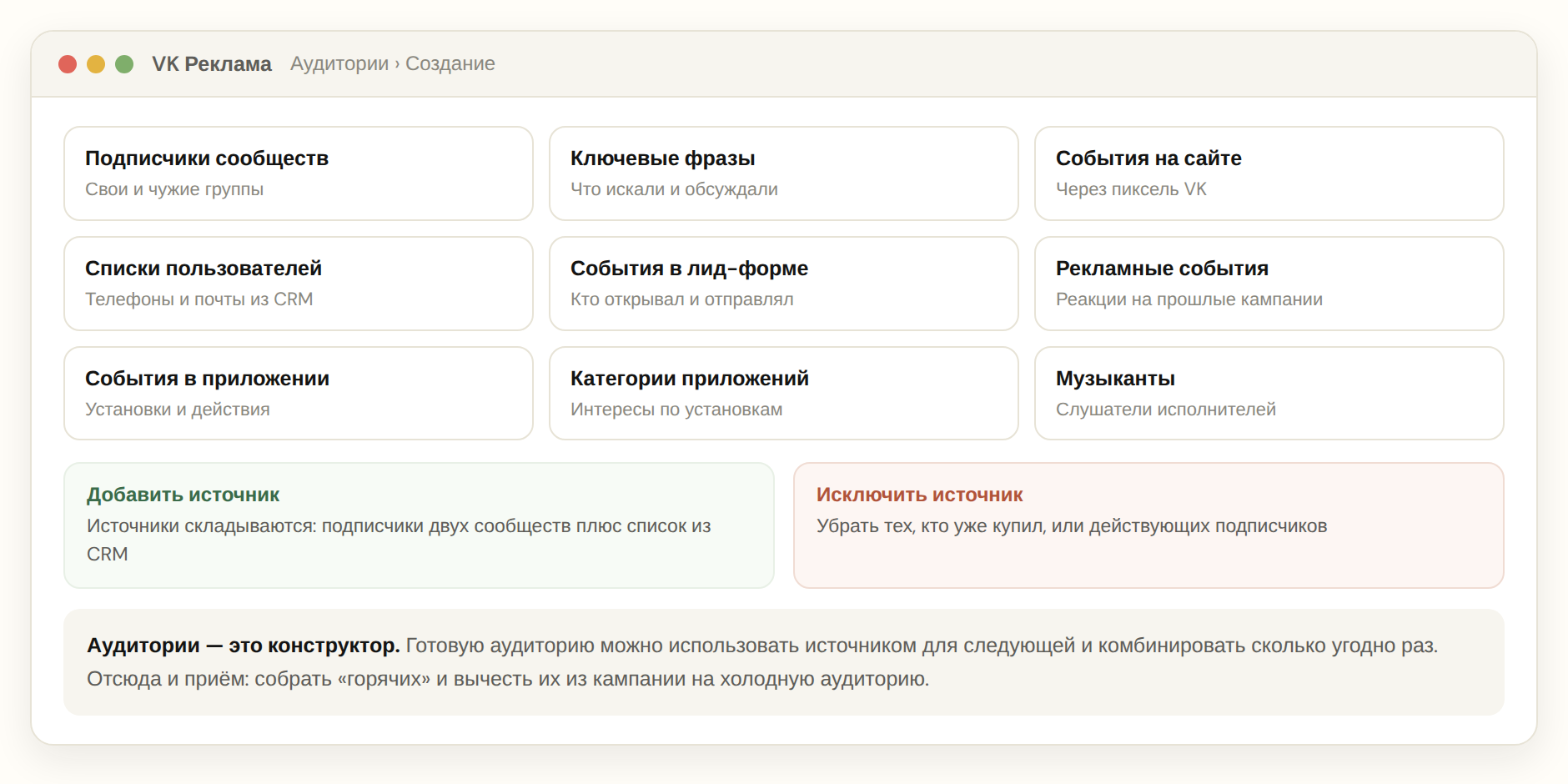 Источники аудиторий в VK Рекламе: подписчики сообществ, ключевые фразы, события на сайте и списки из CRM