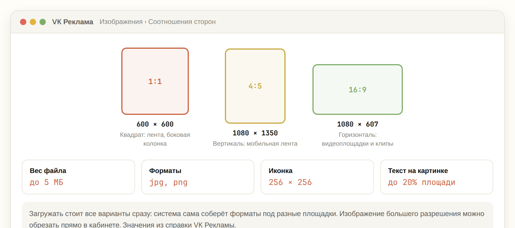 Соотношения сторон и размеры изображений для рекламы ВКонтакте: 1:1, 4:5 и 16:9