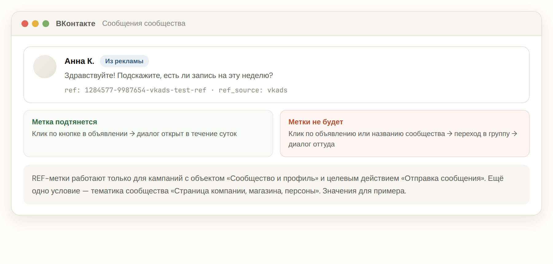 REF-метка и отметка «Из рекламы» в сообщениях сообщества ВКонтакте